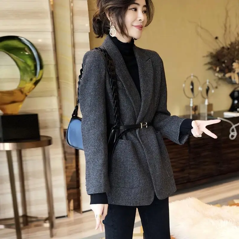 Dark Gray Woolen Blzer Women Mid-Length Coat Spring/Autumn Herringbone Suit Woolen Coat Office Lady Women Clothing Suit Blzer