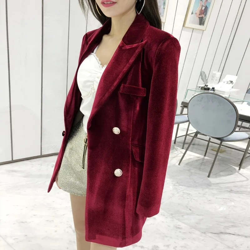 Ladies Office Velvet Double Breasted Suit Coat Spring Elegant Wine Red Casual Jacket Fashion 2022 Female Slim Fit Business Suits