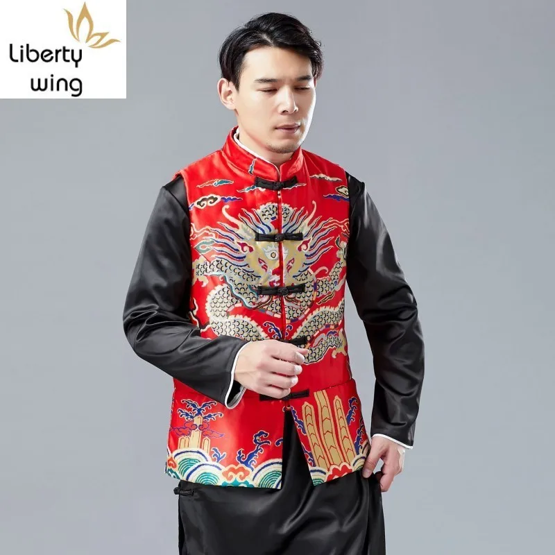 

2020 Printing Dragon Pattern Chinese Style Jackets Men Fashion Sleeveless Coats Vests Brand High Quality Stand Collar Waistcoats