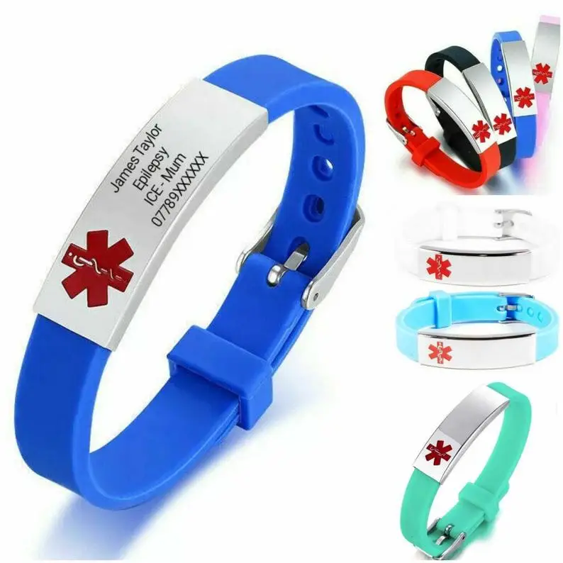 Kinder/Erwachsene Angepasst Personalisierte Medizinische ID Alarm-Armband für Frau Männer Gravur Edelstahl Silikon Schmuck – Detail 1