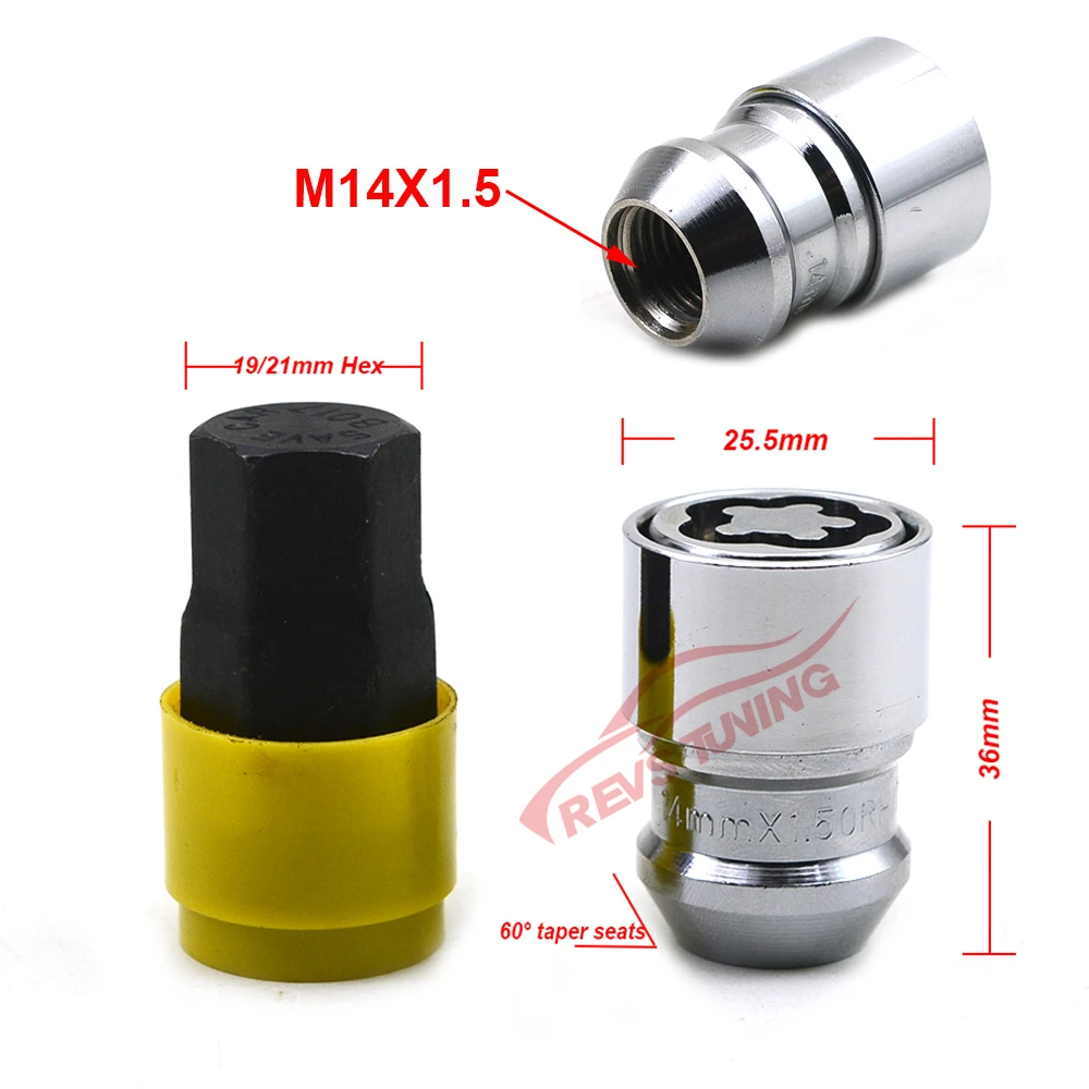 4Nuts+2Keys m14x1.5 36mm Steel Anti-Theft Security Auto Car Wheel Rim Lock Locking Lug Nuts