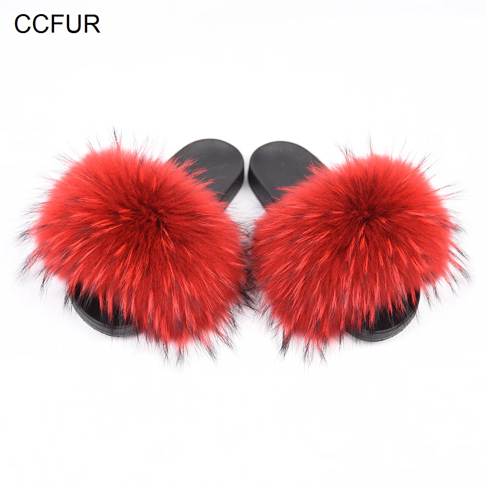 Women's Fur Slipper Real Raccoon Fur Fashion Style Furry Slides Soft Warm Big Fluffy Fur Shoes S6020E