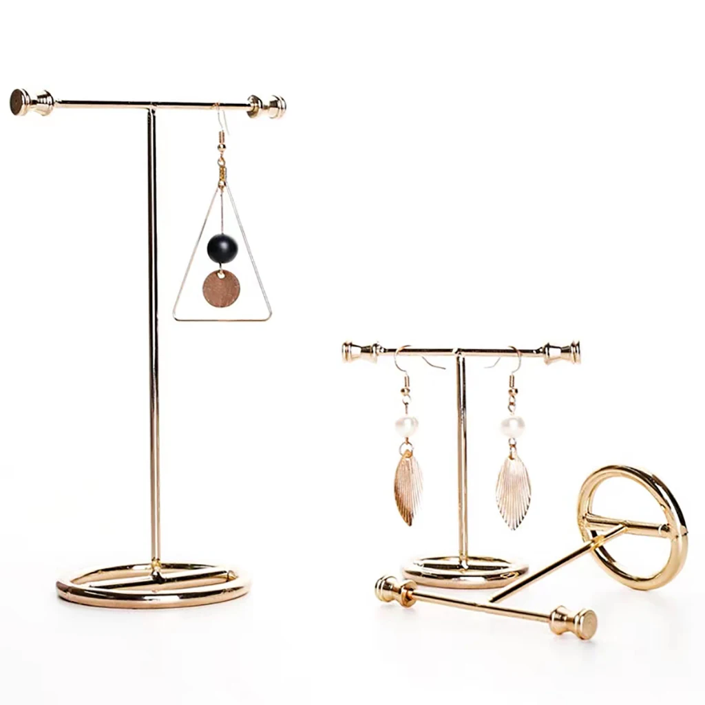 Metal Earring Display Stand Women Desk Jewelry Organizer Gold Color T-bar Ring Necklace Showing Shelf Jewelry Rack