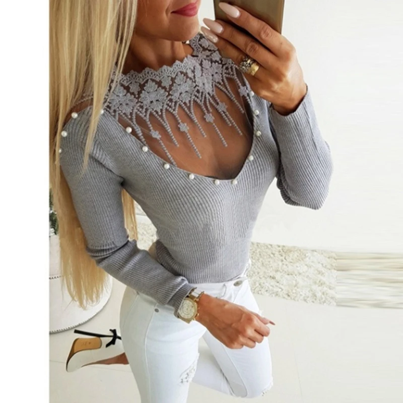 PEONFLY 2023 New Sexy Tight Sweater Women Ladies Fashion Slim Lace Beading Hollow Out Neck Sweater Knitshirt Tops