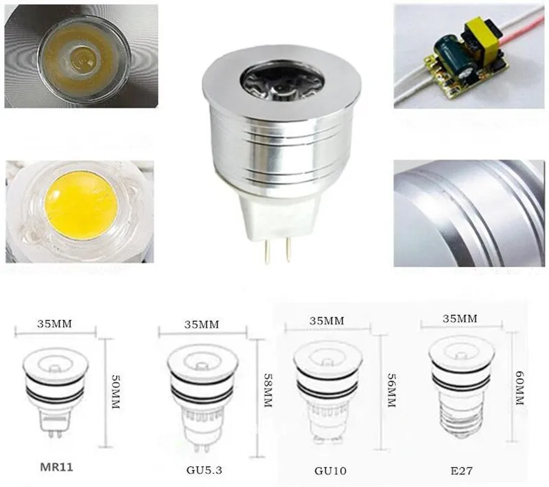 1W 3W LED Light Bulb MR11 12V Dimmable 35mm Mini Spotlight Bulb GU5.3 GU10 E27 COB Lamps 220V 110V