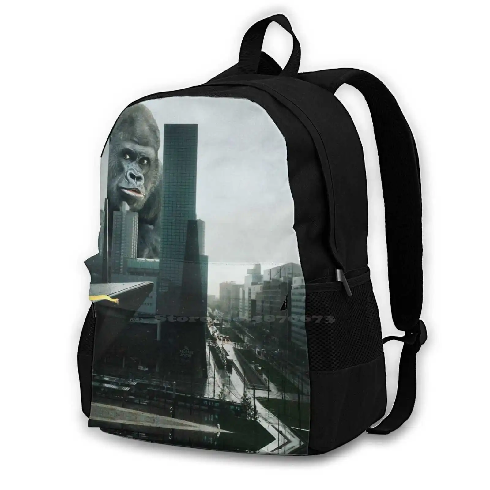 King Kong Searching Banana In Town Fashion Pattern Design Travel Laptop School Backpack Bag King Kong Banana Fruit Search Look