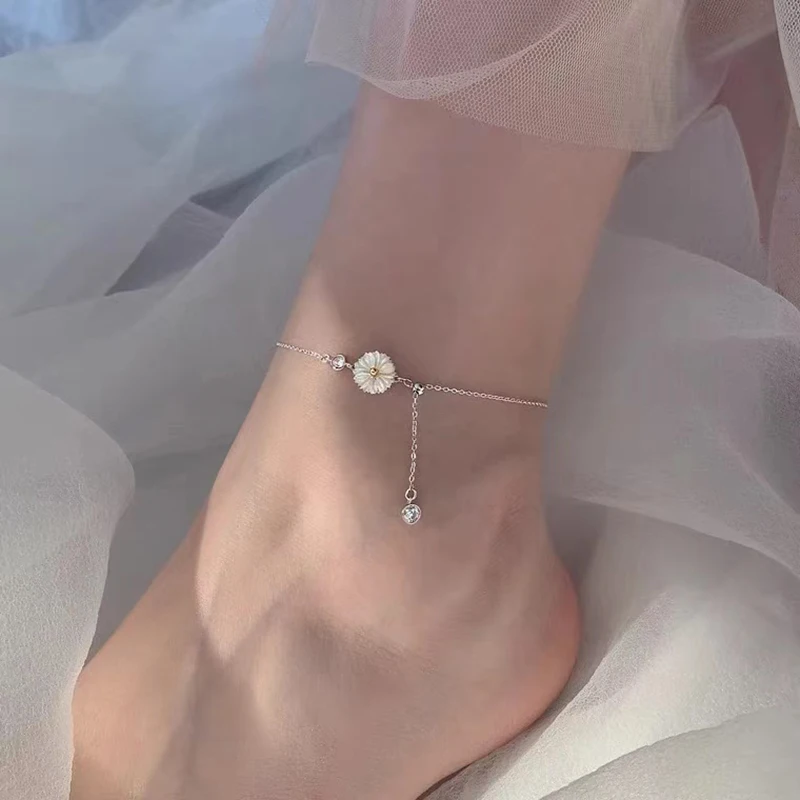 White Daisy Anklet 925 Silver Foot Chain Decorations Sterling Bracelet On The Leg Female Jewelry 2021 Summer Woman Long 29CM