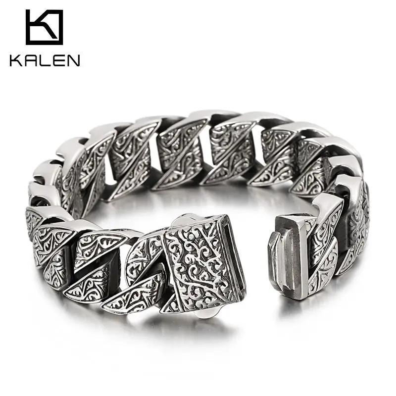 17mm Triangle Geometric Mysterious Curb Cuban Bracelet Mens 316L Stainless Steel Rock Charm Bracelets