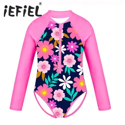 Kids Girls Children Swimwear Beachwear Long Sleeves Palm Printed Zippered Swimsuit Children Swimming Bathing Suit Rash Guard