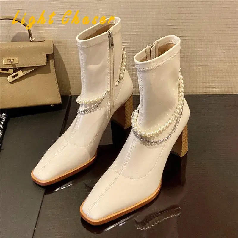 

Fashion Chain Pearl High Heel Short Boots Women Spring And Autumn Single Boots Thick Heel Square Toe Women's Boots Ankle Boots