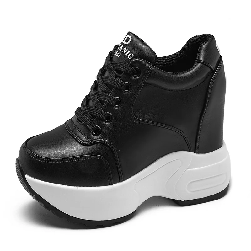 Vrouwen Enkellaarsjes 2024 Lente Lederen Chunky Schoenen Vrouw Platform Hoogte Verhoogde Sneakers 10 Cm Dikke Zool Wiggen Witte Laarzen