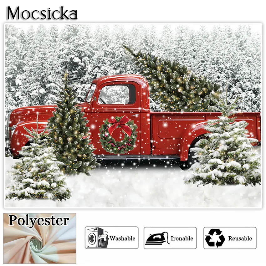 Fond de photographie de camion rouge de Noël, forêt de neige d'hiver, arbre, Let it Snow, fête saisonnière, photographie de portrait, séance photo P