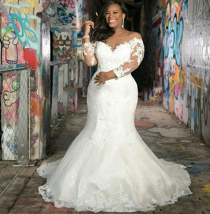 Mariage-nuevos vestidos de novia africanos, de manga larga, transparentes, con cuello redondo, apliques de encaje en la espalda, de sirena, talla grande, baratos