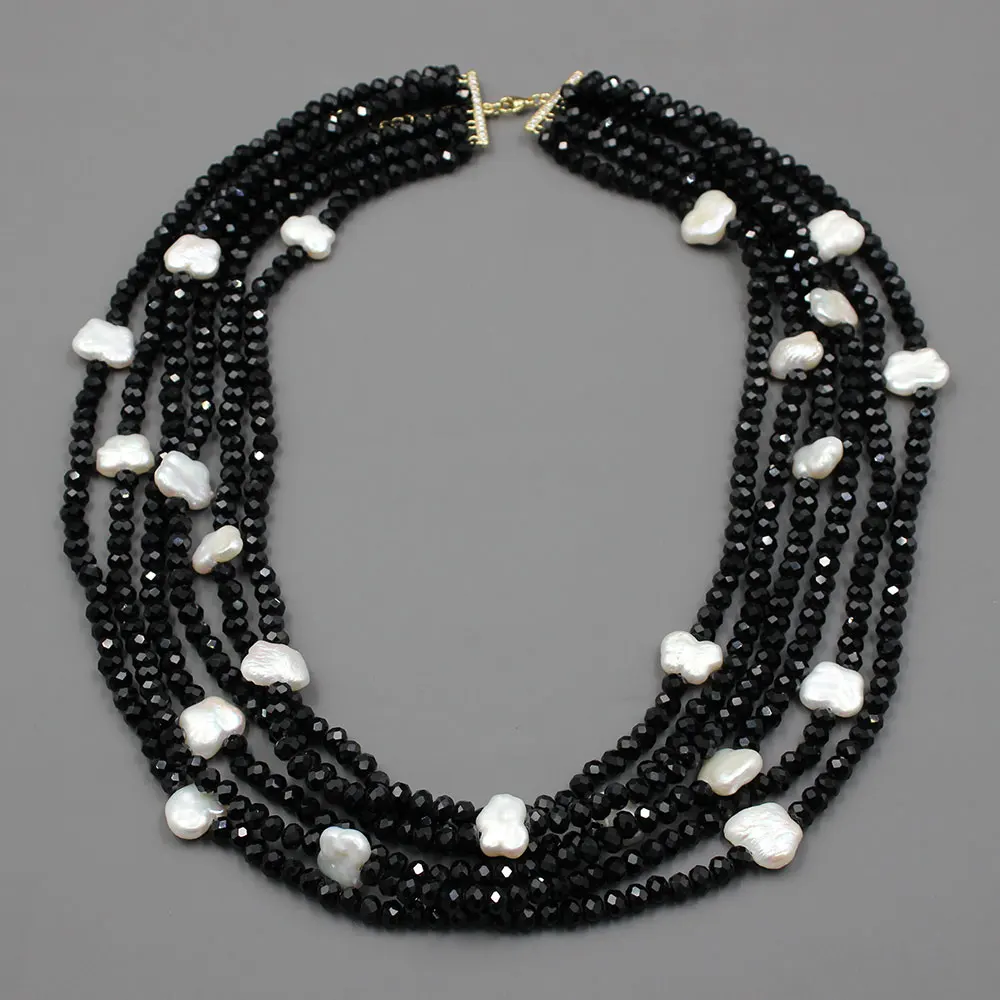 GG 6 Strands Natural White Keshi Pearl Black Faceted Crystal Necklace Handmade Multi Strands Necklace Fashion Jewelry