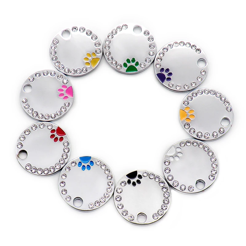 Wholesale 100/50Pcs Rhinestone Dog ID Tags Pet Pawstrip Blank Dog ID Tag For Puppy Kitten Collar Pendant Nameplate Paw Tags