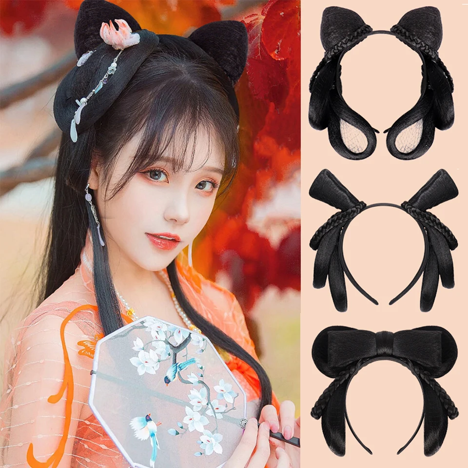 AILIADE Synthetic Chinese Traditional Retro Hair Chignon Black Fake Hair Bun Ancient Fairy Princess Hair Band Hanfu Cosplay Wig