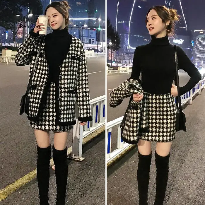 

Houndstooth Vintage Two Piece Sets Outfits Women Autumn Cardigan Tops and Mini Skirt Suits Elegant Ladies Fashion 2 Piece Sets