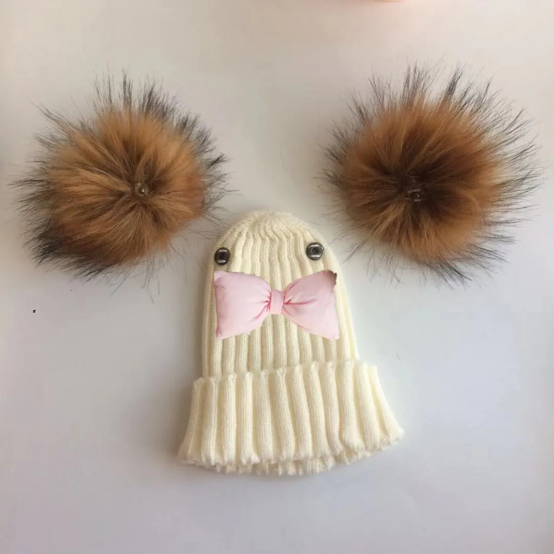 Pajarita con nudo de mariposa para niños pequeños, gorro Melamed, gorro con 2 pompones y orejas, accesorios para niños y niñas, Invierno