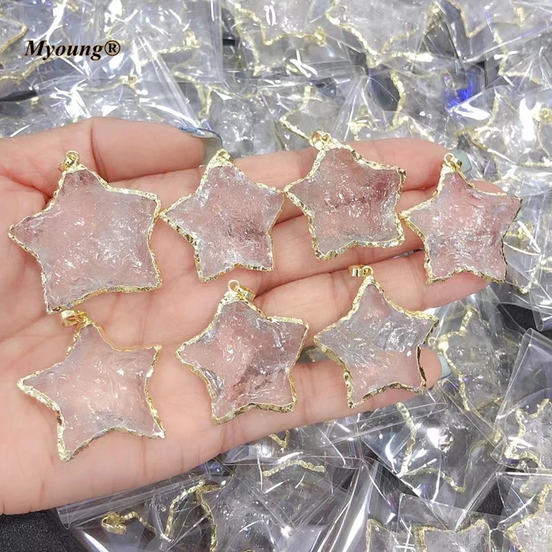 Gold Color Plated Star Shape Knocked Natural Clear Quartz Crystal Necklace Pendant My210904