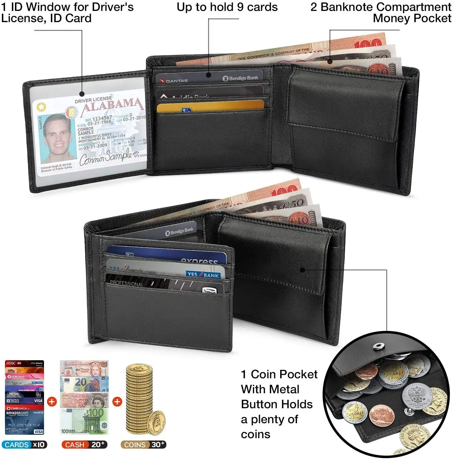 Portafoglio Uomo UK Trifold Minimalista Con Blocco RFID – Sottile Portamonete Con Cerniera, 6 Slot Carte, Nero - 2