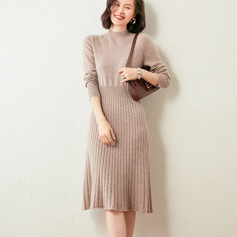 

Women's Goat Cashmere Knitting Dress, 100% Pure, Winter, New Fashion, Top Grade, 6Colors, Oneck, Women Dress, Hot Sale