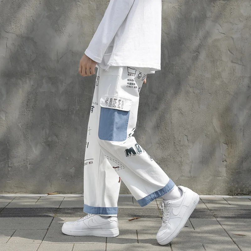 ICCLEK Graffiti Jeans Men's Loose Straight Overalls Winter Thicken Jeans Wide Leg Pants Plus Size Jeans  Patchwork Jeans