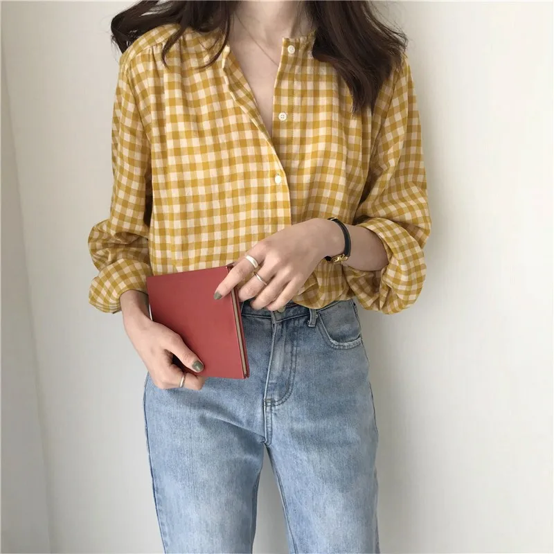 Autumn Women  Round Neck Plaid Loose Sweet Casual Long-sleeved Shirt Chic Plaid Gentle Blouses New Korean