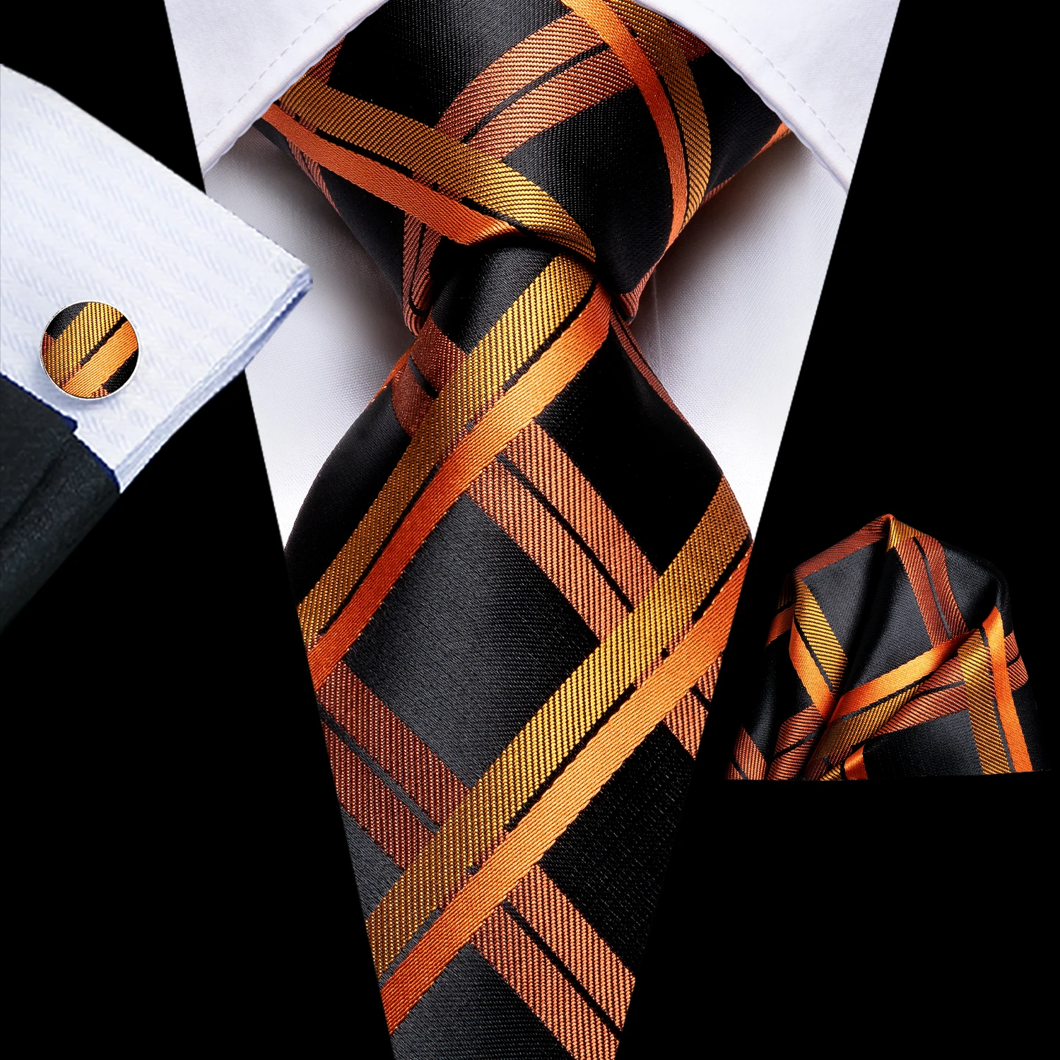 Hi-Tie Men\'s Tie Set Orange Black Paisley Silk Wedding Ties For Men New Fashion Design Quality Hanky Cufflinks Set Dropshipping
