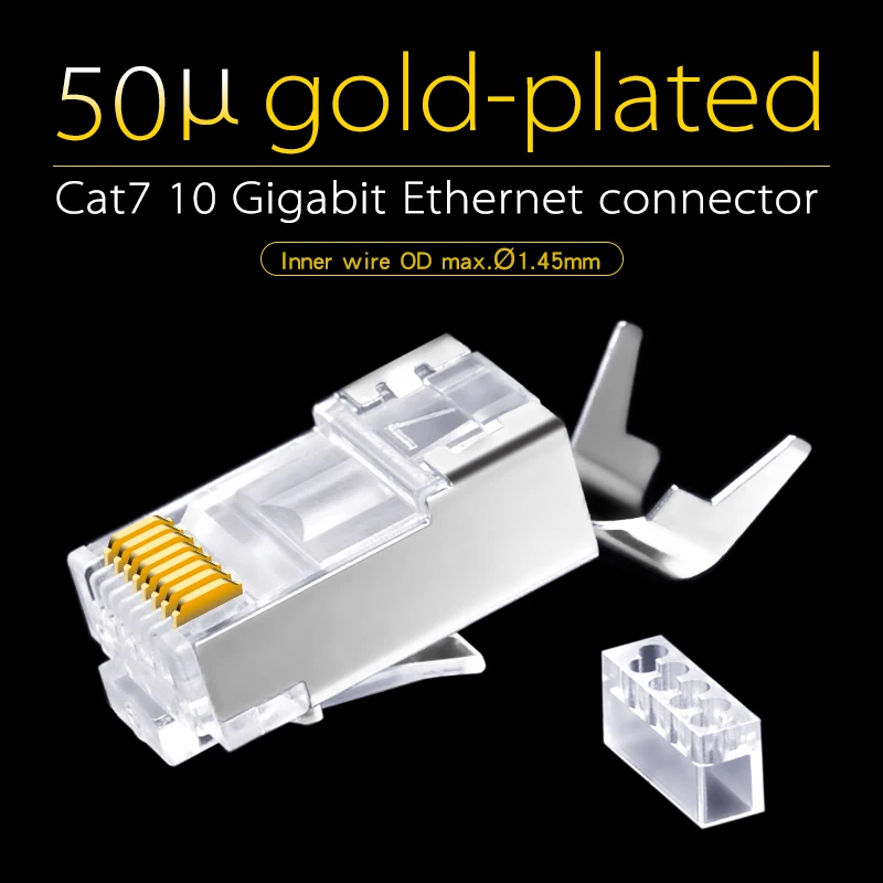 Cat7 RJ45 Connector STP 8P8C Modular Ethernet Cable Head Plug 50u Gold-plated for Network RJ 45 Crimper Connectors