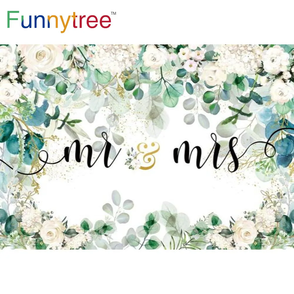 

Funnytree Spring Wedding Party Background Leaves White Flowers Pure Bridal Banner Gold Dots Branches Photozone Props Backdrop