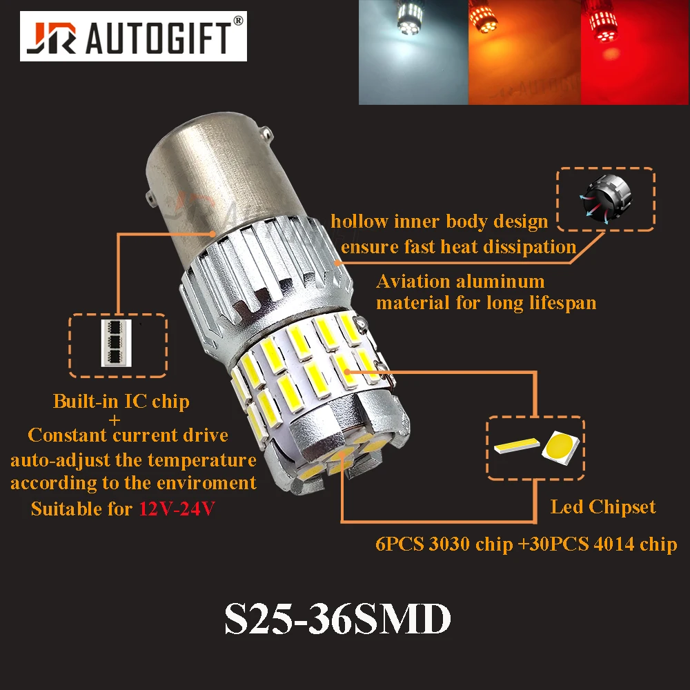 

10PCS Super Bright 1156 BA15S P21W White BAY15D 1157 P21/5W T20 Red Amber Led 7440 W21W 3030 4014 36SMD Reverse Light 12V-24V