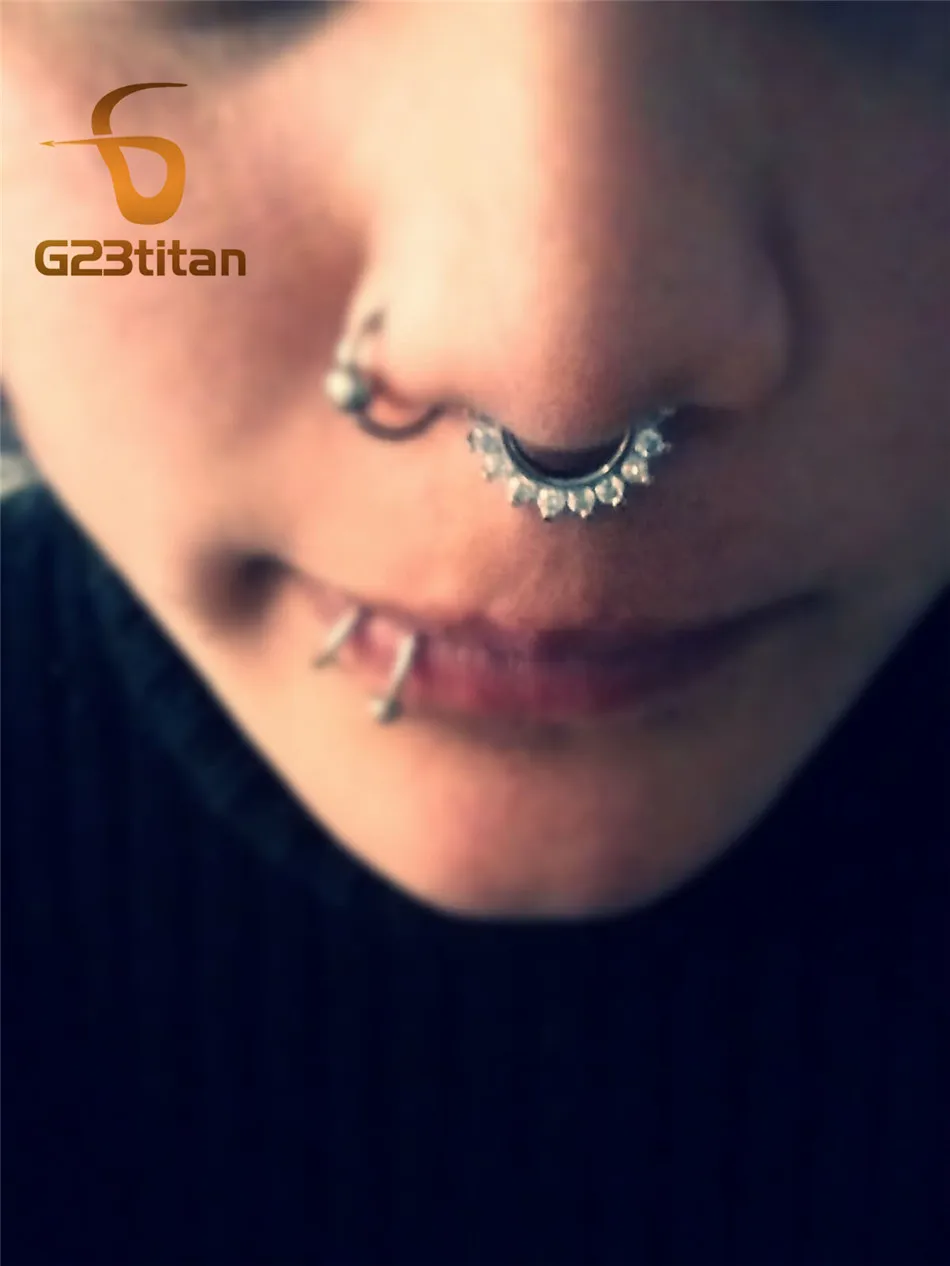 Big G23 Titanium Clicker Hoop with CZ Crystals Hypoallergenic Septum Nose Ring Helix Daith Earring Elegant Women Body Jewelry