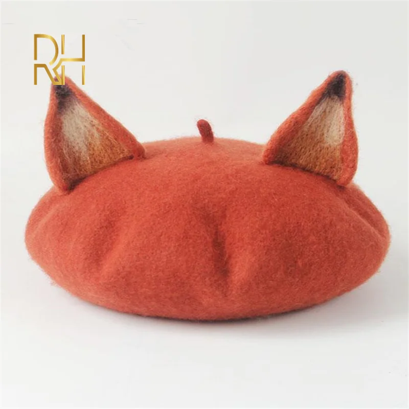 New Retro Women\'s Cute Fox Ear Woolen Beret Caps Real Wool Casual Warm Painter Hat Handmade Nick Cat Ear Beret Hat Hot Gift RH