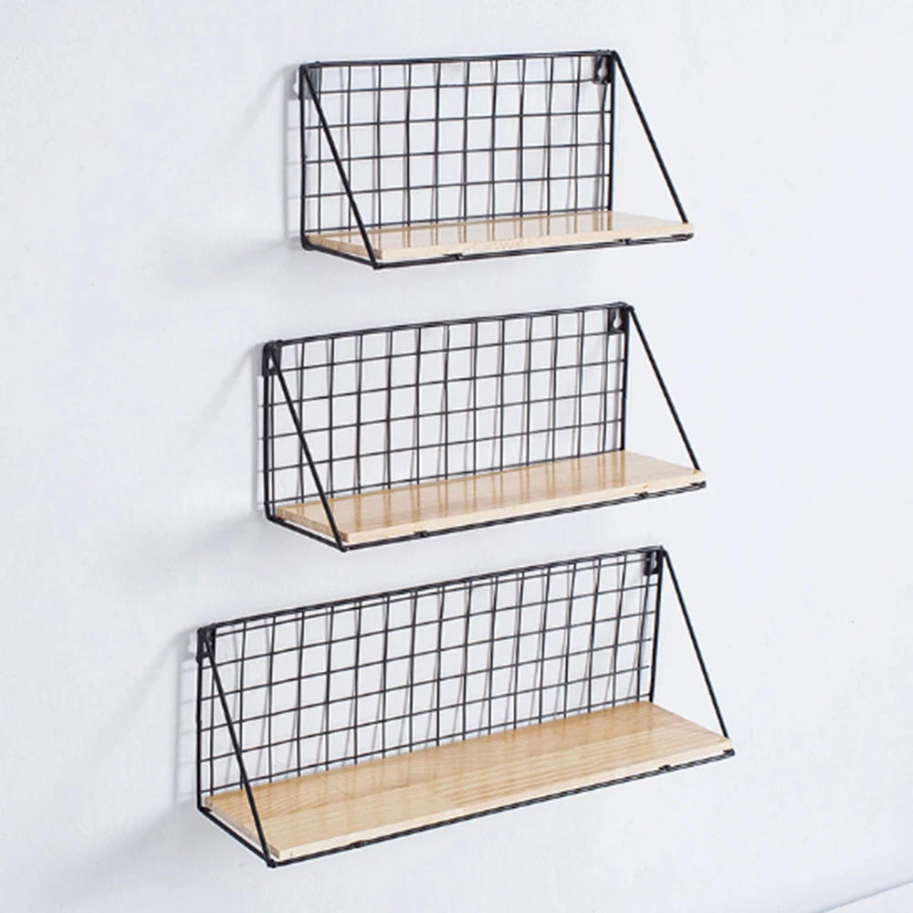 S M L -- Floating Wall Mounted Storage Rack Metal + Wood Shelf Bathroom Kitchen Racks Organizers Shelves Holder Home Decor Decal