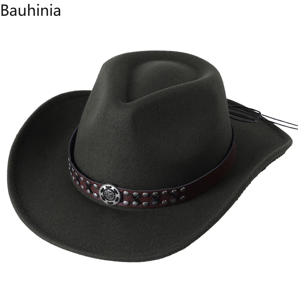 Easy Hinia-Chapeau de cowboy occidental en laine de style vintage pour hommes et femmes, chapeau à large bord, casquette de jazz Cowgirl, casquette