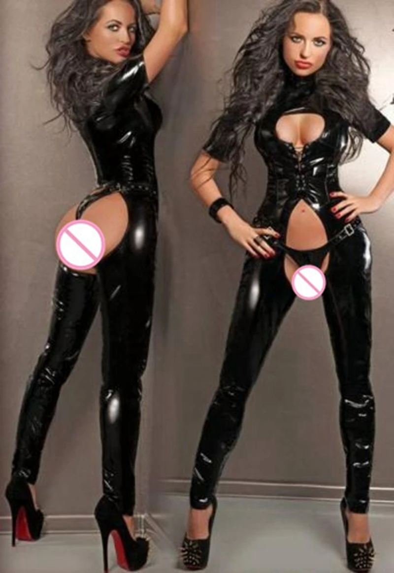 Sexy wetlook Faux Leather Catsuit with Panties PVC Latex Bodysuit Open Crotch Clubwear fetish hot erotic Pole Dance Lingerie