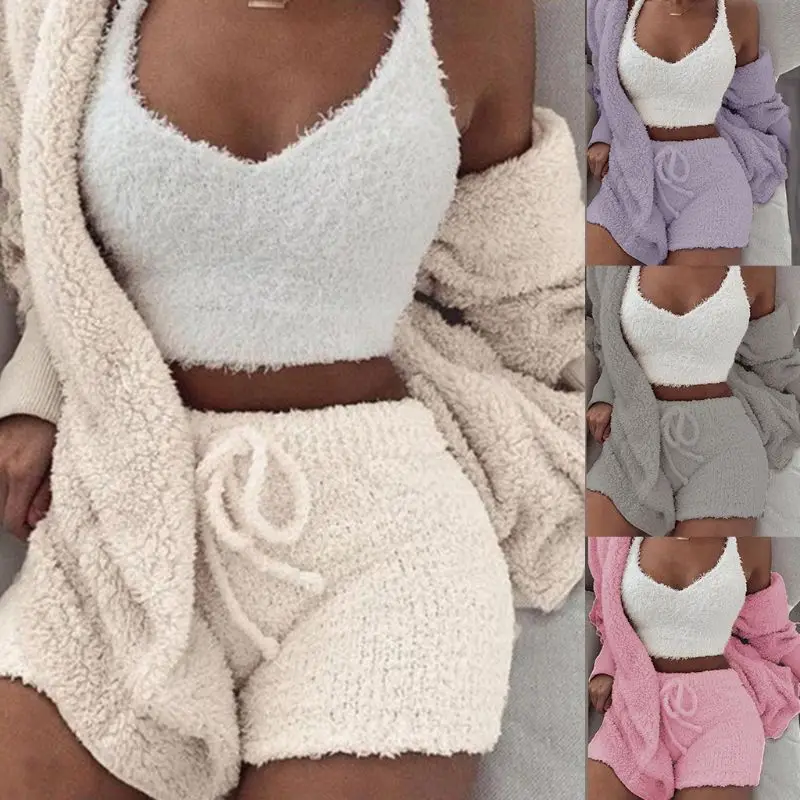 3 Pcs/set Winter Sexy Women Home Wear Suit Casual Pajamas Set Lady Female Soft Warm Long Sleeve Exposed Navel Vest Shorts Set