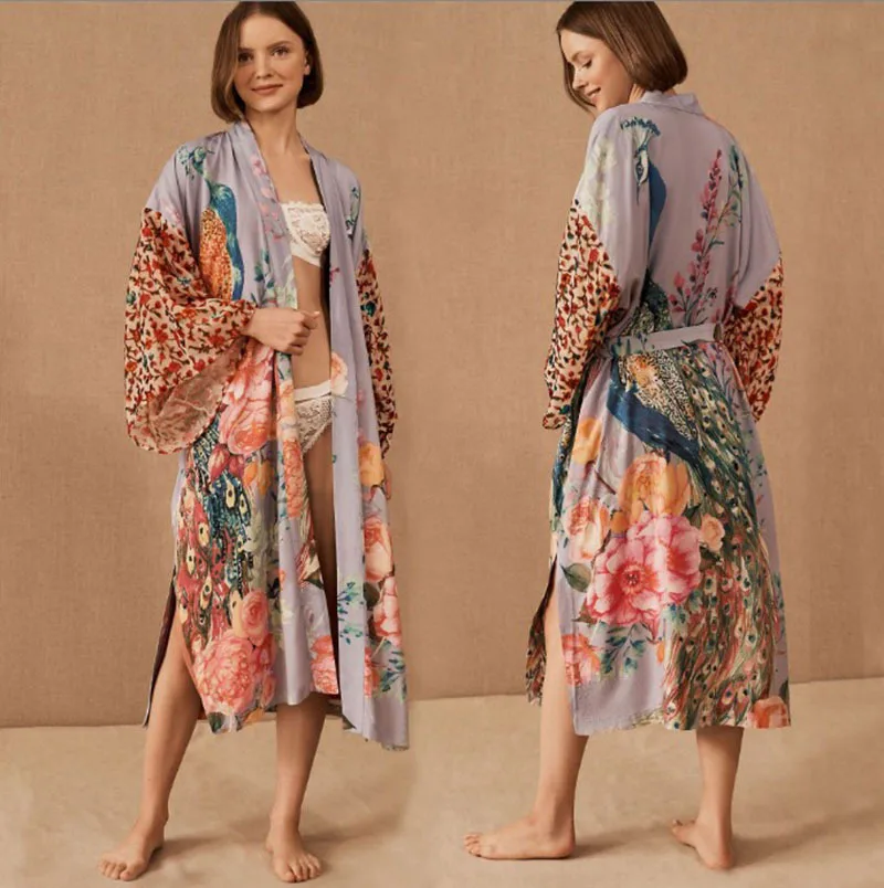 Boho Bikini Cover-ups Boho Peacock Floral Print Front Open Long Kimono Beach Dress Cardigan Women Swim Suit Cover Up