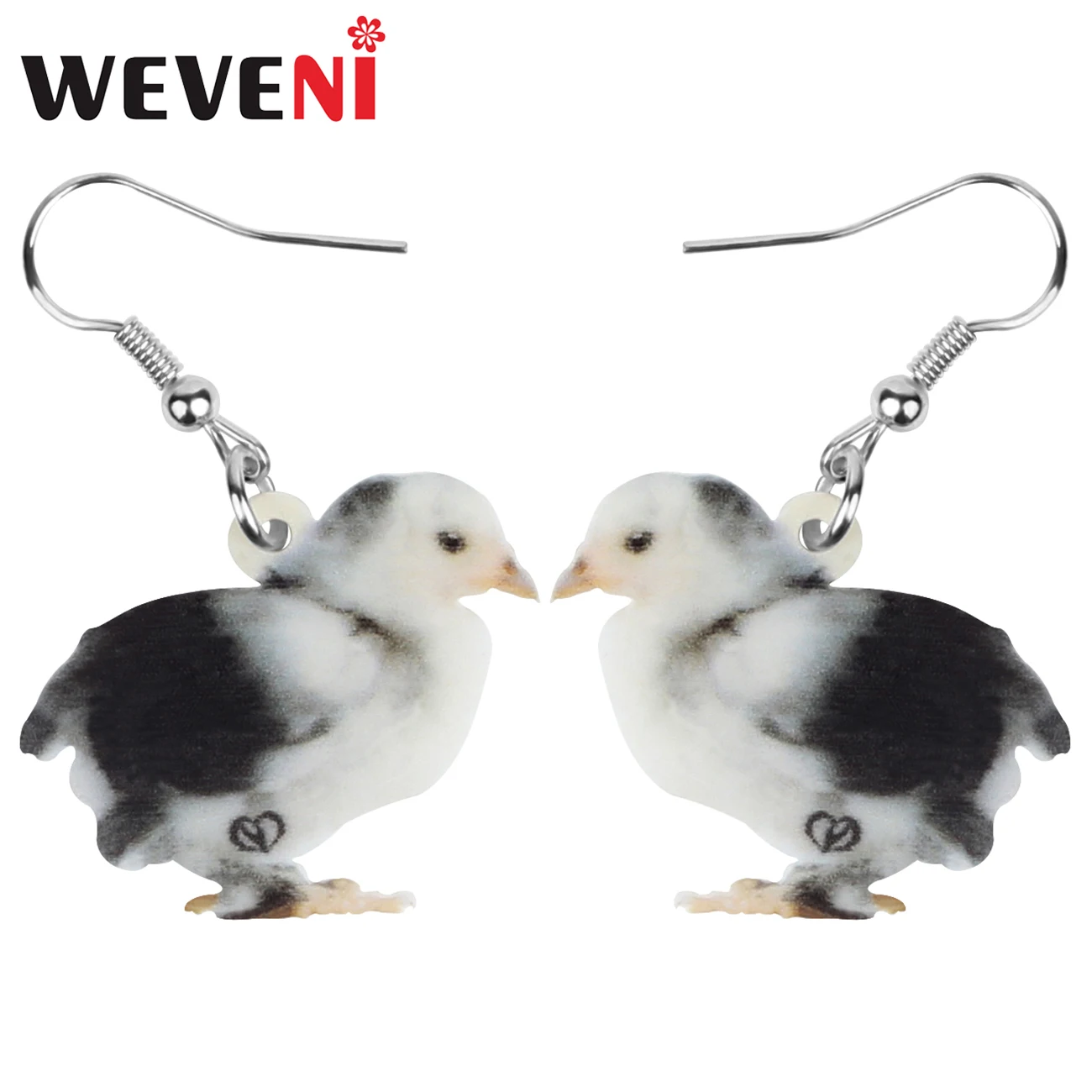 WEVENI Acrylic Gray Chick Chicken Earrings Big Cute Farm Animal Dangle Drop Jewelry For Women Kids Friend Funny Gift Decoration