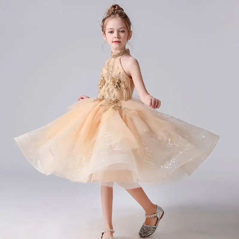 Vestido de tul moderno con cuello Halter para niña, vestidos escalonados de princesa para fiesta de boda, vestido Formal de cumpleaños para niños, nuevo