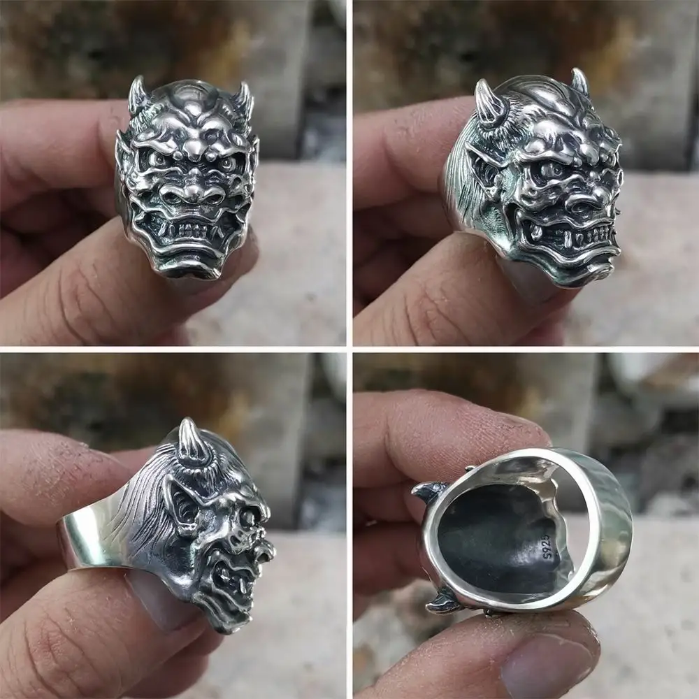 925 Sterling Silver Japanese Ghost Prajna Ring Mens Devil Skull Ring TA253 US Size 7~15