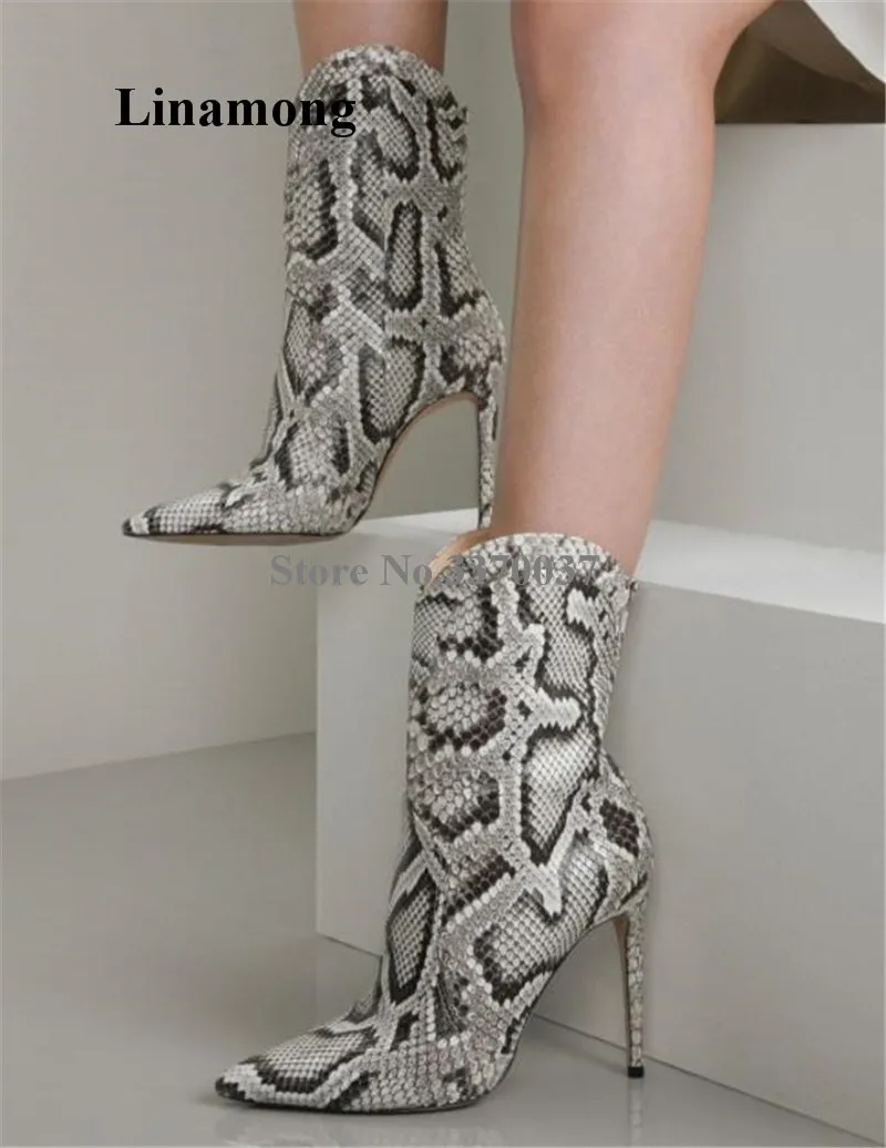 

Newest Women Pointed Toe Snake Leather Stiletto Heel Short Boots Slip-on Grey Gold High Heel Ankle Booties Evening Dress Shoes