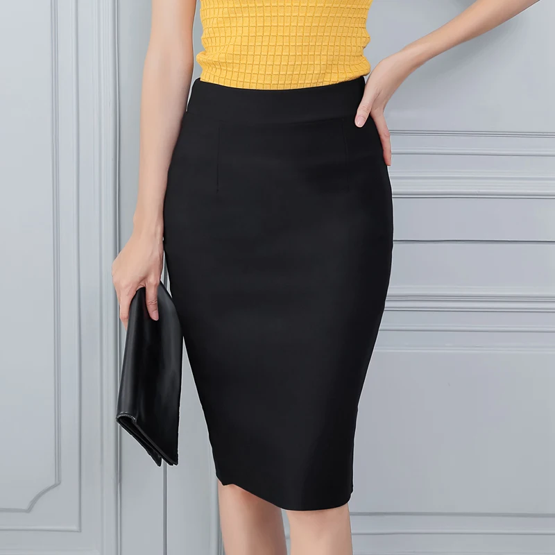 8 Colors back split formal bodycon skirts womens 2020 knee length elastic high waist pencil midi office skirt black blue c102