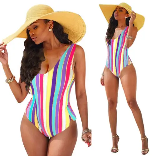 Summer Hot Female Striped one-piece suit swimsuit sexy colorful bandage push up swimsuit monokini beachwear Bikini Sets