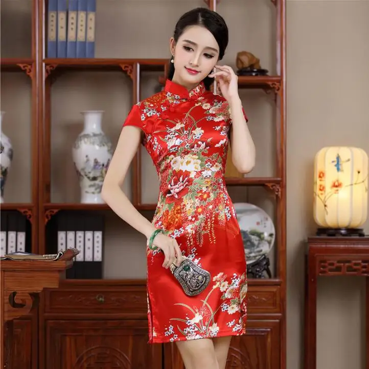 Elegant Black Lady Qipao Vintage Mandarin Collar Chinese Dress Classic Print Flower Sexy Mini Slim Cheongsam Sleeveless Vestidos