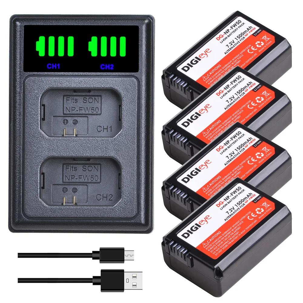 

4Pcs 1500mAh NP-FW50 NP FW50 Camera Battery + LED Dual Charger Type C for Sony Alpha a6500 a6300 a6000 a5000 a3000 NEX-3 a7R