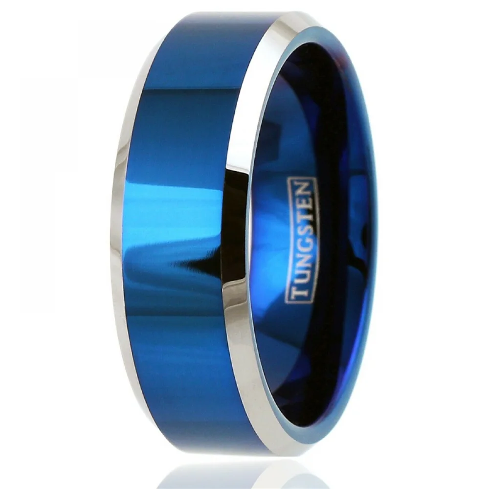 8MM Stainless Steel Men's Black Blue Brushed Silver Color Edge Ring For Men Tricolor Groove Meteorite Brushed Ring Wedding Band