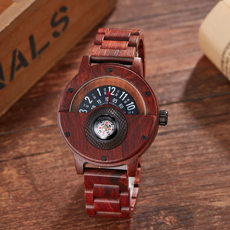 2020 Men Woman Wood Watch Unique Turntable Dial  Male Military Watches Compass Quartz Watch With Wooden Band Relogio De Madeira