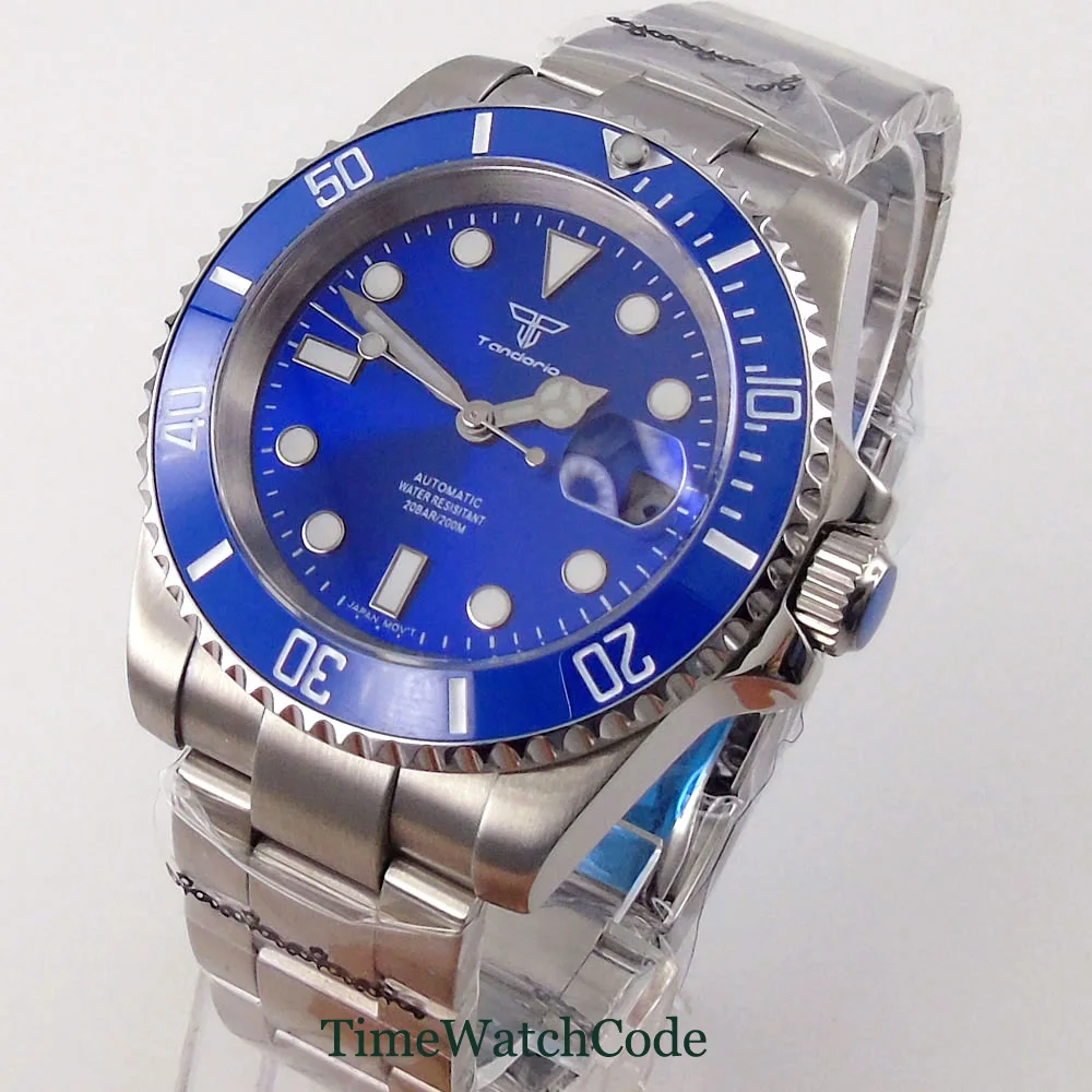 

40mm Tandorio Automatic Men's Diving Watch NH35 Blue Dial 100M Water Resistance Sapphire Glass Date Green Lume Bracelet