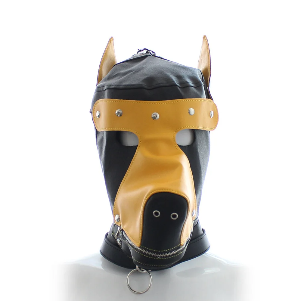 Máscaras de perro de cuero PU para hombres y mujeres, máscaras fetiche de fiesta de Halloween, accesorios de disfraces, amarillo y negro